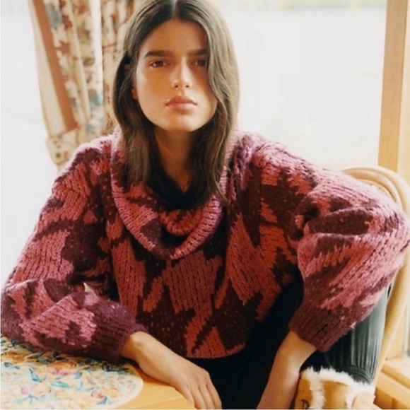 Anthropologie Ginny Oversized Houndstooth Sweater Turtleneck Cowl Neck Cropped - Picture 7 of 14